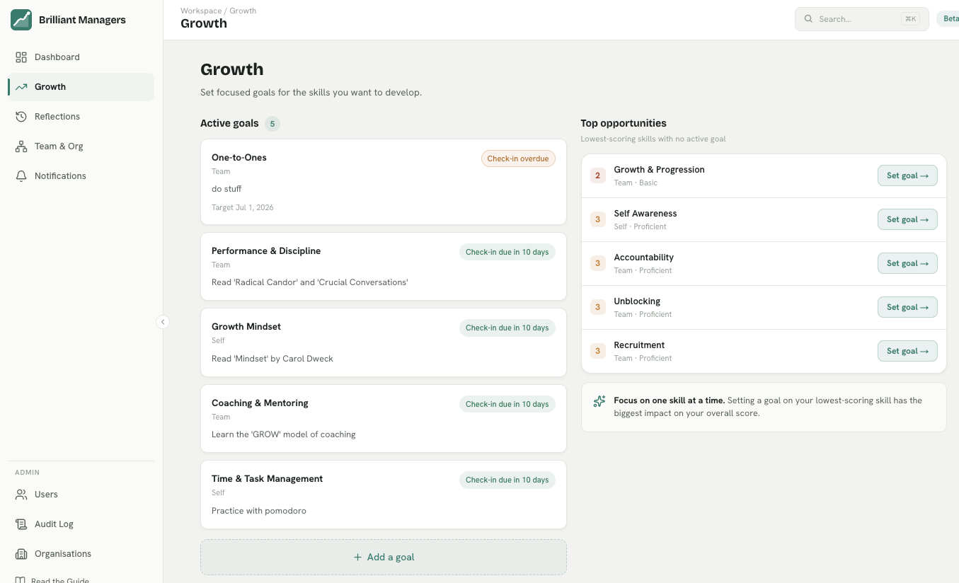 Growth page showing active goals and top opportunities