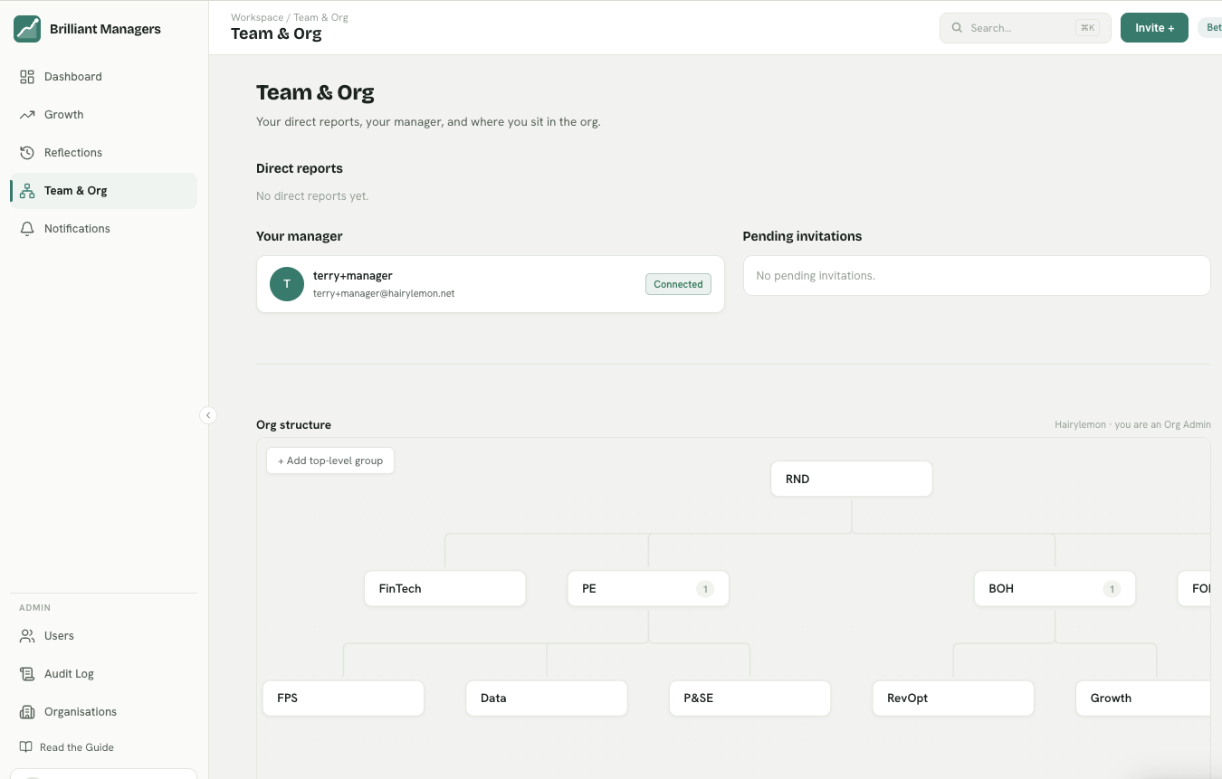 Team & Org page showing connections and organisation chart